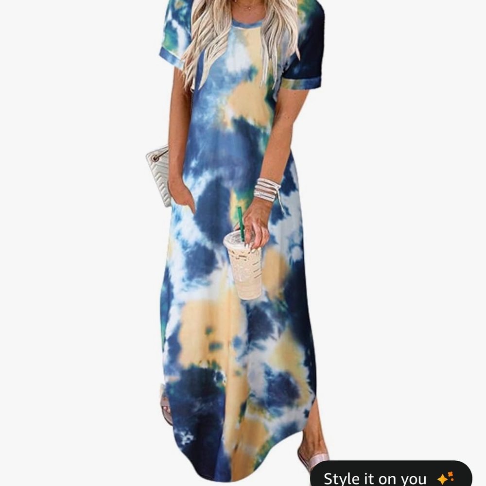 Tie-Dye Short Sleeve Maxi Dress in Navy, Orange & White - Picture 2 of 4